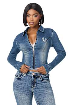 DENIM WING DOUBLE-ZIP CHAMBRAY SHIRT