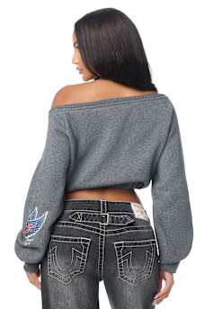 EMBROIDERED BUDDHA OFF-THE-SHOULDER TOP