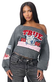 EMBROIDERED BUDDHA OFF-THE-SHOULDER TOP