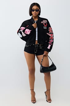 EMBROIDERED VARSITY GIRLFRIEND RELAXED BOMBER JACKET