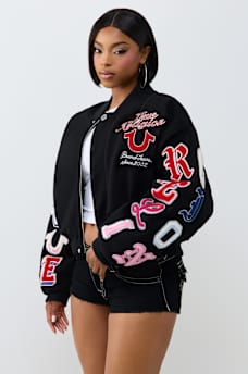 EMBROIDERED VARSITY GIRLFRIEND RELAXED BOMBER JACKET