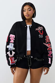 EMBROIDERED VARSITY GIRLFRIEND RELAXED BOMBER JACKET
