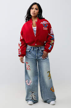 EMBROIDERED VARSITY GIRLFRIEND RELAXED BOMBER JACKET