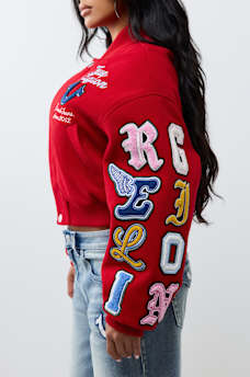 EMBROIDERED VARSITY GIRLFRIEND RELAXED BOMBER JACKET