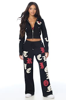 APPLIQU&Eacute; MID RISE STRAIGHT LEG SWEATPANT