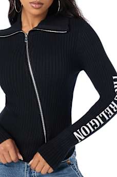 EMBROIDERED ASYMMETRICAL ZIP SWEATER TOP