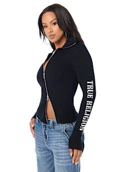 EMBROIDERED ASYMMETRICAL ZIP SWEATER TOP
