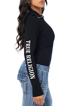 EMBROIDERED ASYMMETRICAL ZIP SWEATER TOP