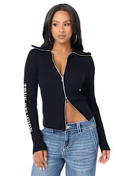 EMBROIDERED ASYMMETRICAL ZIP SWEATER TOP