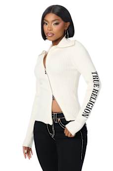 EMBROIDERED ASYMMETRICAL ZIP SWEATER TOP