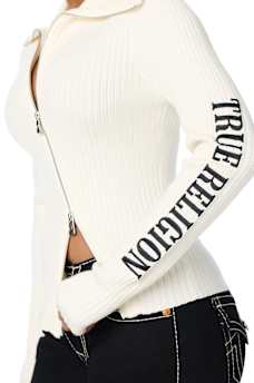 EMBROIDERED ASYMMETRICAL ZIP SWEATER TOP
