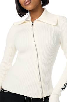 EMBROIDERED ASYMMETRICAL ZIP SWEATER TOP