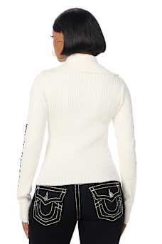 EMBROIDERED ASYMMETRICAL ZIP SWEATER TOP