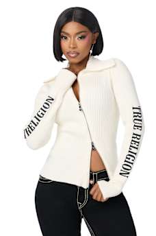 EMBROIDERED ASYMMETRICAL ZIP SWEATER TOP