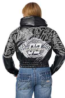 EMBROIDERED FAUX LEATHER HOODED JACKET