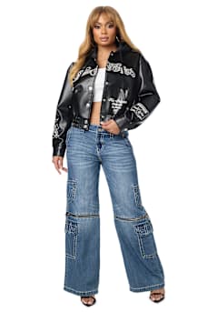 EMBROIDERED FAUX LEATHER HOODED JACKET
