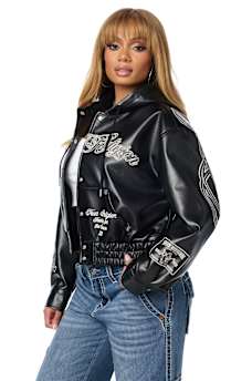 EMBROIDERED FAUX LEATHER HOODED JACKET