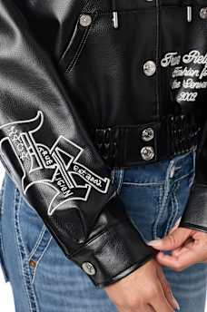 EMBROIDERED FAUX LEATHER HOODED JACKET