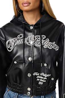 EMBROIDERED FAUX LEATHER HOODED JACKET