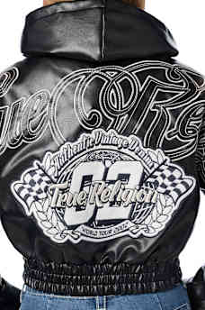 EMBROIDERED FAUX LEATHER HOODED JACKET