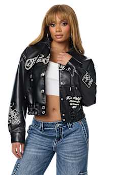 EMBROIDERED FAUX LEATHER HOODED JACKET