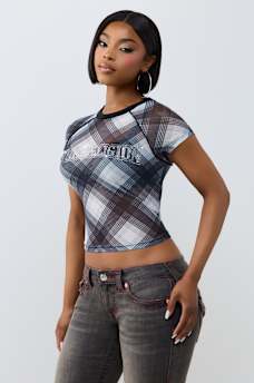 CRYSTAL PLAID RAGLAN MESH TOP