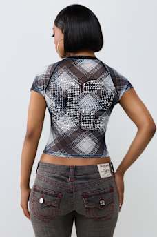 CRYSTAL PLAID RAGLAN MESH TOP