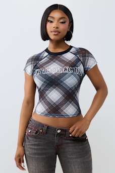 CRYSTAL PLAID RAGLAN MESH TOP