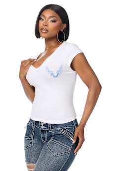 CRYSTAL WING PLUNGE  TEE