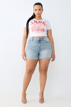 PLUS JENNIE MID RISE FLAP CURVY SHORT