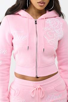 EMBROIDERED TIGER SHRUNKEN ZIP HOODIE