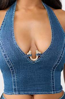 CRYSTAL HORSESHOE DENIM HALTER TOP