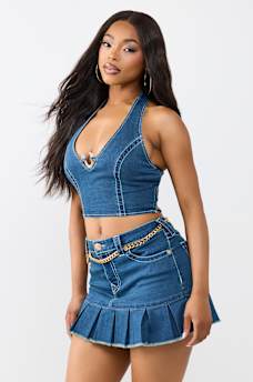 CRYSTAL HORSESHOE DENIM HALTER TOP