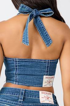 CRYSTAL HORSESHOE DENIM HALTER TOP