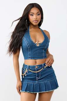 CRYSTAL HORSESHOE DENIM HALTER TOP