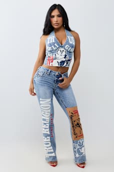 BECCA MID RISE PRINT FLAP BOOTCUT JEAN