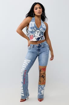 DENIM PRINT HALTER TOP