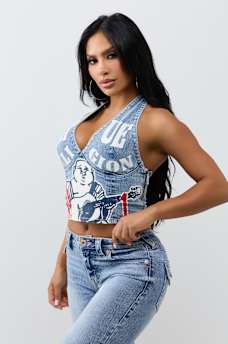 DENIM PRINT HALTER TOP