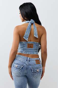 DENIM PRINT HALTER TOP