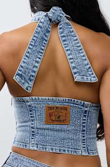 DENIM PRINT HALTER TOP