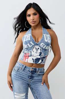 DENIM PRINT HALTER TOP