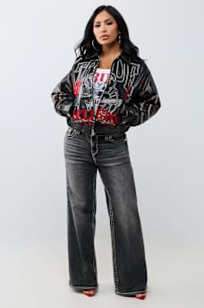 RELAXED EMBROIDERED BUDDHA FAUX LEATHER JACKET