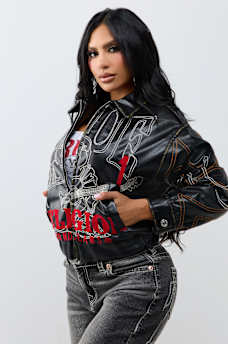 RELAXED EMBROIDERED BUDDHA FAUX LEATHER JACKET