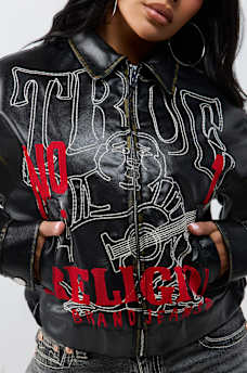 RELAXED EMBROIDERED BUDDHA FAUX LEATHER JACKET