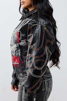 RELAXED EMBROIDERED BUDDHA FAUX LEATHER JACKET