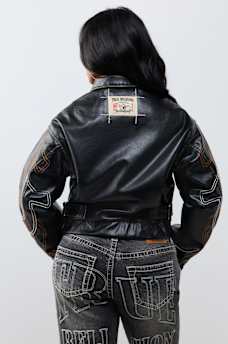 RELAXED EMBROIDERED BUDDHA FAUX LEATHER JACKET
