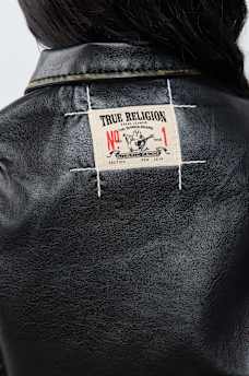 RELAXED EMBROIDERED BUDDHA FAUX LEATHER JACKET