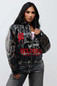 RELAXED EMBROIDERED BUDDHA FAUX LEATHER JACKET