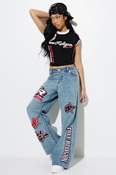 BOBBI MID RISE SPORTY EMBROIDERED PATCH BAGGY JEAN, image 1