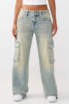 BOBBI MID RISE CRYSTAL  FLAP BAGGY CARGO JEAN, image 2